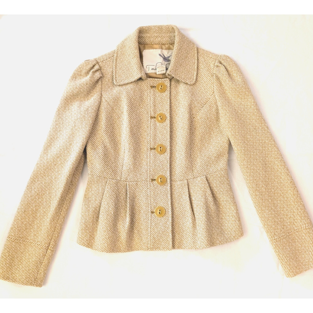 Anthropologie Tabitha Flecked Wool Blend Peplum Jacket Womens 2 Cream Gold Tweed